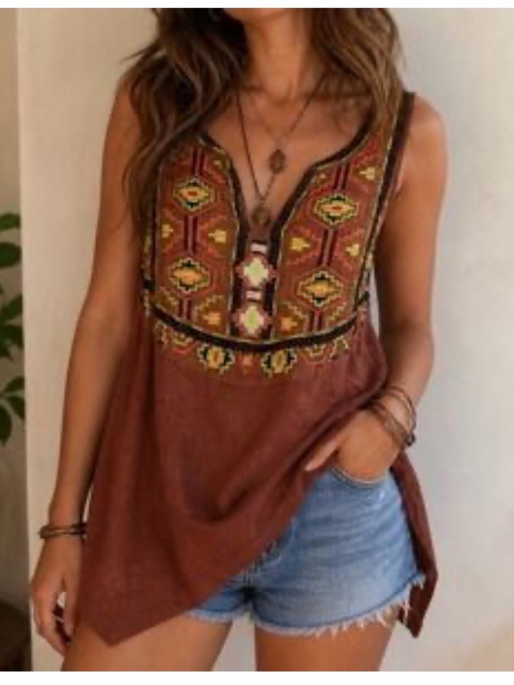 Brown Embroidered V-Neck Tank Top